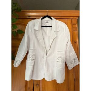 EY Signature 100% Linen White Blazer Size 1X – Lace Detail & Single Button Front